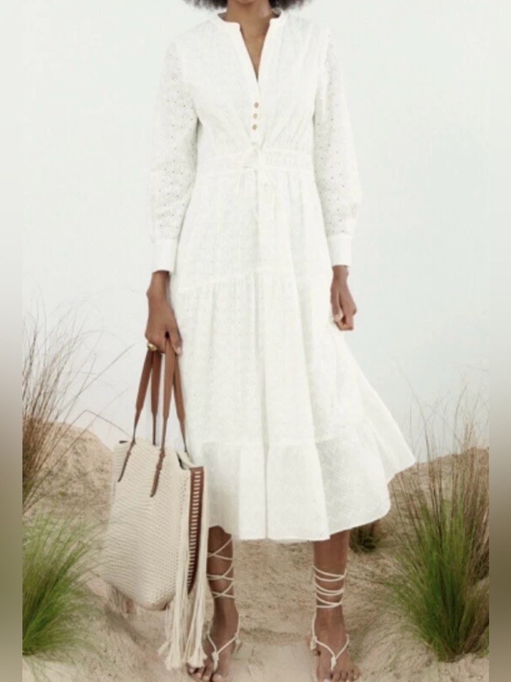 New! Zara White Eyelet Tiered Midi Dress with Tie Waist XL Feminine Eyelet Boho